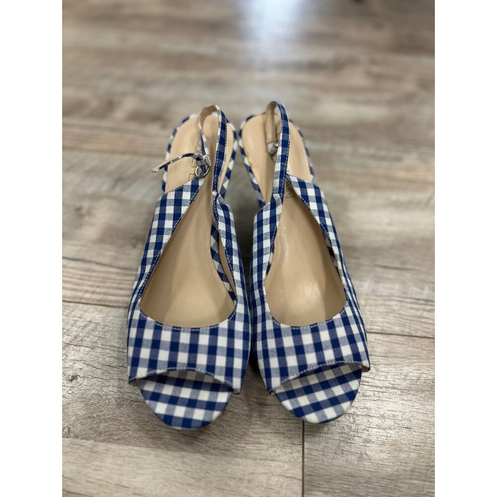 Aubrey Lynn Blue Check Peep Toe Heels in 9.5
